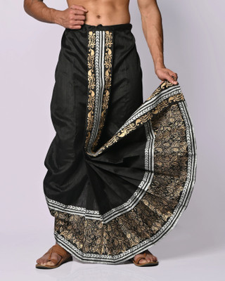 OBLIK CREATIONS Black 016 Hand Block Print Dupion Silk Dhoti For Men Readymade Dhoti Printed Men Dhoti