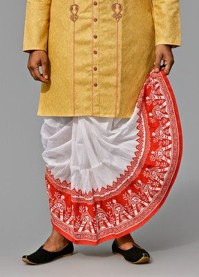 Chandra Printed Mour Puccha Dhoti | Dupion Silk | Free Size Printed Men Dhoti