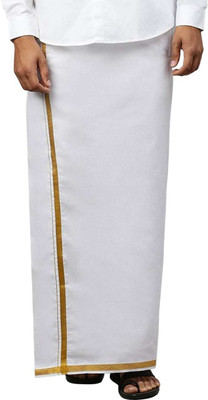 Ramraj Cotton Single Layer Adjustable Velcro Pocket White Dhoti with 3/4 inch Gold Jari Border Solid Men Dhoti