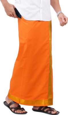Prakasam Cotton Premium Quality-Flexi Size-Welcro Pocket-2Inch Gold Jari Border-Cotton orange- Solid Men Dhoti