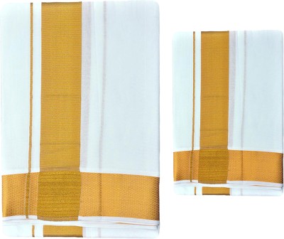 Prakasam Cotton For Men's Double Jari Border Matching towel & 1.28x3.80 mtrs Solid Men Dhoti