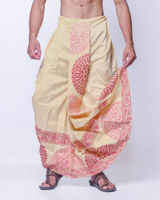 OBLIK Men's Dupion Silk Block Print Dhoti – Beige| Ethnic Wear for Wedding & Festive| Printed Men Dhoti
