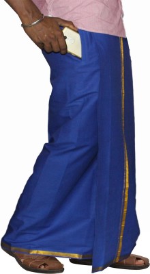 Prakasam Cotton Men's Blue Colour Premium Quality Welcro Pocket ( sticker Dhoti) Gold Jari border Cotton Solid Men Dhoti