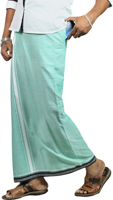 Prakasam Cotton Men's Kerala Style Thalapathi border Green Colour Flexi Size Welcro Readymade with pocket Solid Men Dhoti