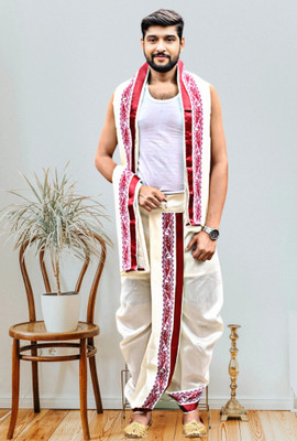 GOURI COLLECTIONS Men's Ready To Wear Pant System DHOTI WITH ANGAVASTRAM SET Embellished Men Dhoti