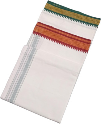 ADITYA TEX Men Cotton White single Dhoti With Twin color Boarders. Self Design Men Dhoti