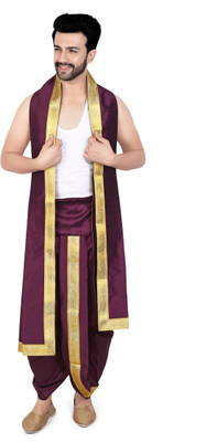 PRIYAKANT SAFAWALA WINE DHOTI DUPATTA Solid Men Dhoti