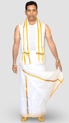 TUNI MANI Men's Cotton Zari Border Dhoti with Towel/Double 3.8 Metres Solid Men Dhoti