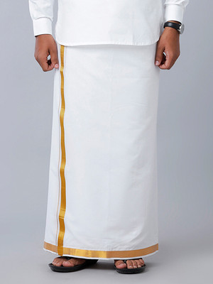 Ramraj Cotton Pack of 2 White with Gold Jari 3/4 Border Solid Men Dhoti
