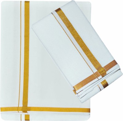 Prakasam Cotton Men's Single Jari Border (50k) Matching White towel & 1.28x2.00 mtrs Solid Men Dhoti