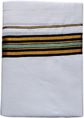 Darps Men's White Pure Cotton 4mts Dhoti with green and gold color striped border Striped Men Dhoti