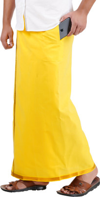 Prakasam Cotton Premium Quality Flexi Size Welcro Pocket ( sticker Dhoti) Gold Jari Border Cotton Yellow Solid Men Dhoti