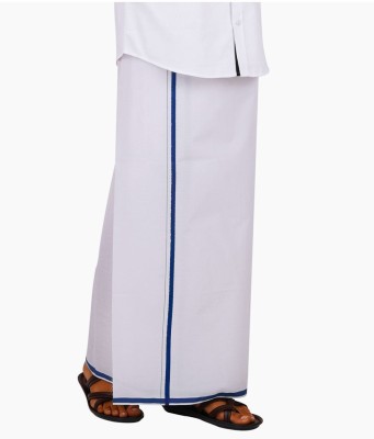 Ethazh Ethazh Cotton White Solid Dark Blue Border Adjustable Dhoti for Men Solid Men Dhoti