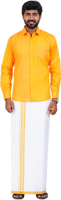 RAGINI V Men’s Matching Shirt & Dhoti Set Full Hand Sleeve Shirt with 2Mtr Haldi Yellow Solid Men Dhoti