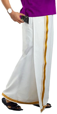 GUGOLIYA PREMIUM Adjustable Velcro Cotton Pocket SINGLE Dhoti with Gold Jari Border Solid Men Dhoti