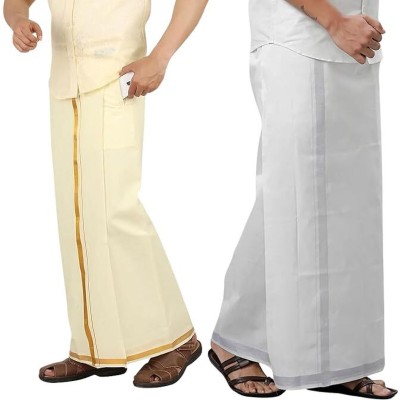 meenaa traders Combo Velcro Cotton Pocket Dhoti Cream Gold & White Silver Zari Border for Men Men Dhoti