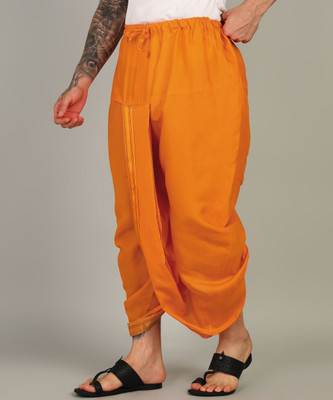 Shyam handloom Men's Kesari Color Panjakejam Readymade Golden Zari Border Silk Dhoti Embroidered, Striped, Solid Men Dhoti