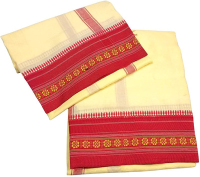 RAMESHWARAM FABRICS Cream-Beige Color Cotton Silk Dhoti for men, Pooja Dhoti Set with Angwastram 9-5 Woven Men Dhoti