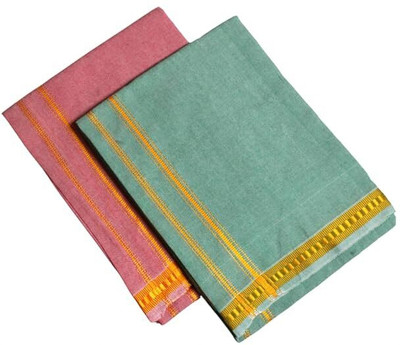 Tharunsha Elite Cotton Men's Single Dhoti -2 Mtrs/Gold Line Design Dhoti Set of 2 Solid Men Dhoti