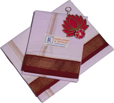 SR Handlooms And Textiles Men's Pure Cotton Dhoti with Uttariyam (4+2) Mtrs, White with Maroon Border Woven Men Dhoti
