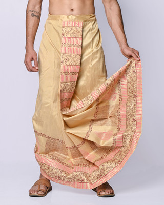 OBLIK Men's Dupion Silk Block Print Dhoti – Tussar| Ethnic Wear for Wedding & Festive| Printed Men Dhoti