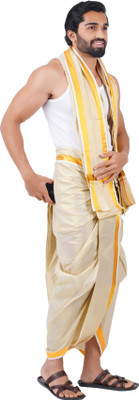 Prakasam Cotton -tissue fabric Readymade panjakecham dhoti & towel set with pocket Solid Men Dhoti