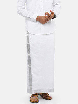 Ramraj Cotton Double layer Pure Cotton White with Silver jari border Solid Men Dhoti