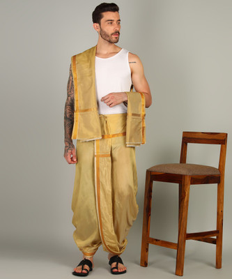 Sawariya handloom Men's Olive Colour Panjagajam Readymade Gold Zari dhoti and towel set Free size Embroidered, Striped, Solid Men Dhoti