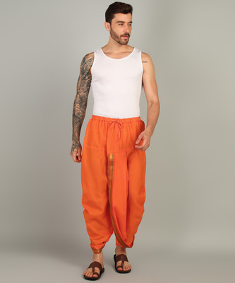 SAC SHREE APARAJEET CREATIONS Mens Orange Colour Panjakejam Readymade Golden Zari Border Dhoti Free size Silk Embroidered, Striped, Solid Men Dhoti