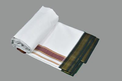 Sawariya handloom Men's Trendy & Traditional White Cotton Dhalapathy Golden Border Dhoti 4.50Mtr Embroidered, Striped, Solid Men Dhoti