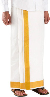 TUNI MANI 2inch Gold Zari Border Cotton Single Layer Solid Men Dhoti
