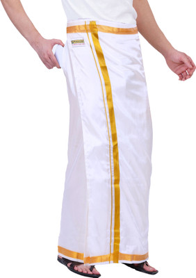 Prakasam Cotton Asha Pattu Fabric Welcro Pocket White Readymade Double Solid Men Dhoti
