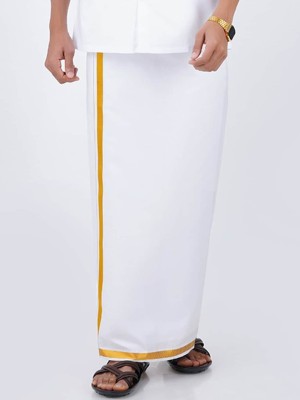 Ramraj Cotton RAMRAJ Men White Pure Cotton Gold Zari Border Dhoti Solid Men Dhoti