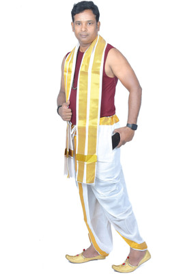 TUNI MANI SPL Readymade Dhoti Pant With Angavastram Set and Side Pocket Solid Men Dhoti