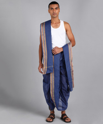 SAC SHREE APARAJEET CREATIONS Men's Navy Blue Colour Panjakejam Readymade dhoti and towel set Free size cotton Self Design, Striped Men Dhoti
