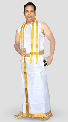 TUNI MANI Men's Cotton Velcro Pocket Dhoti with Towel/Adjustable for all size 28-44 Inches Solid Men Dhoti