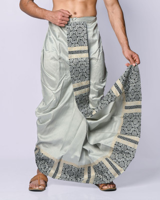 OBLIK Men's Dupion Silk Block Print Dhoti – Grey| Ethnic Wear for Wedding & Festive| Printed Men Dhoti