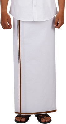 Ethazh Ethazh Cotton White Solid Brown Border Adjustable Dhoti for Men Solid Men Dhoti