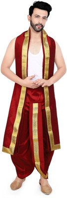 PRIYAKANT SAFAWALA MAROON DHOTI DUPATTA Solid Men Dhoti