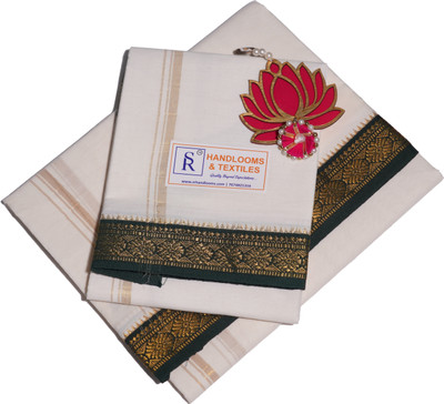 SR Handlooms And Textiles Men's Pure Cotton Dhoti with Uttariyam (4+2) Mtrs, Off White with Green Border Woven Men Dhoti