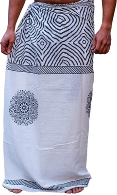 CRYSTALHEAL Sakshama Men’s Dhoti in White | Block Border Cotton Printed Men Dhoti
