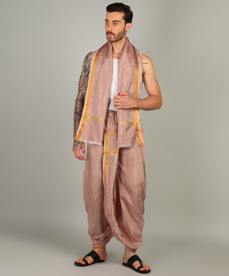 AK handloom Mens Biscuit Colour Panjakejam Readymade Gold Zari dhoti and towel set Free size Embroidered, Striped, Solid Men Dhoti