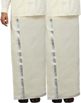 Ramraj Cotton RAMRAJ Pack of 2 Mens Cotton Cream Double layer Dhoti with silver Jari Border Solid Men Dhoti