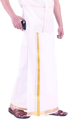 Prakasam Cotton Golden Jari Border Readymade welcro Pocket Double (8 Yard) White Solid Men Dhoti