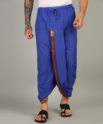 SAC SHREE APARAJEET CREATIONS Mens Blue Colour Panjakejam Readymade Golden Zari Border Dhoti Free size Silk Striped, Solid Men Dhoti