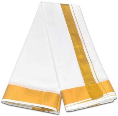 YuviKrissh Men's Traditional White Cotton Free Size Golden Jari Border Dhoti 4.50 Meter Striped, Solid Men Dhoti