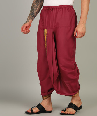 Shyam handloom Men's Black Color Panjakejam Readymade Golden Zari Border Silk Dhoti Embroidered, Striped, Solid Men Dhoti