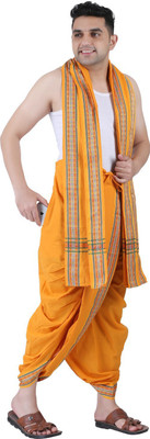 Prakasam Cotton Men's Mango Colour Panchakacham Readymade dhoti and towel set with pocket Solid Men Dhoti
