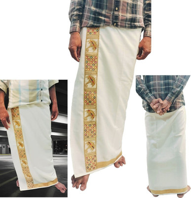 R N Creation Men's Embroidered Silk Off White Dhoti with Umbrella Gold Border Embroidered, Solid Men Dhoti