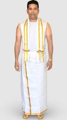TUNI MANI Men's Cotton Zari Border Dhoti with Towel/ Single Dhoti 2.0Mtr Solid Men Dhoti